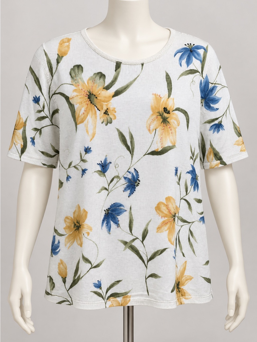 Alfred Dunner Cream Short-Sleeve Floral Tee with Yellow and Blue Blooms
